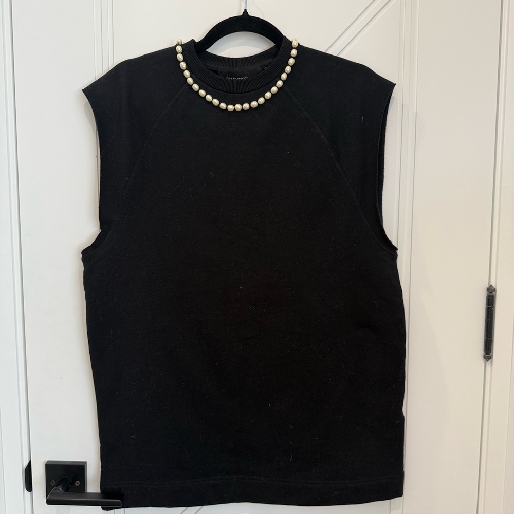 Black Embellished Muscle Tee with Pearl Neckline